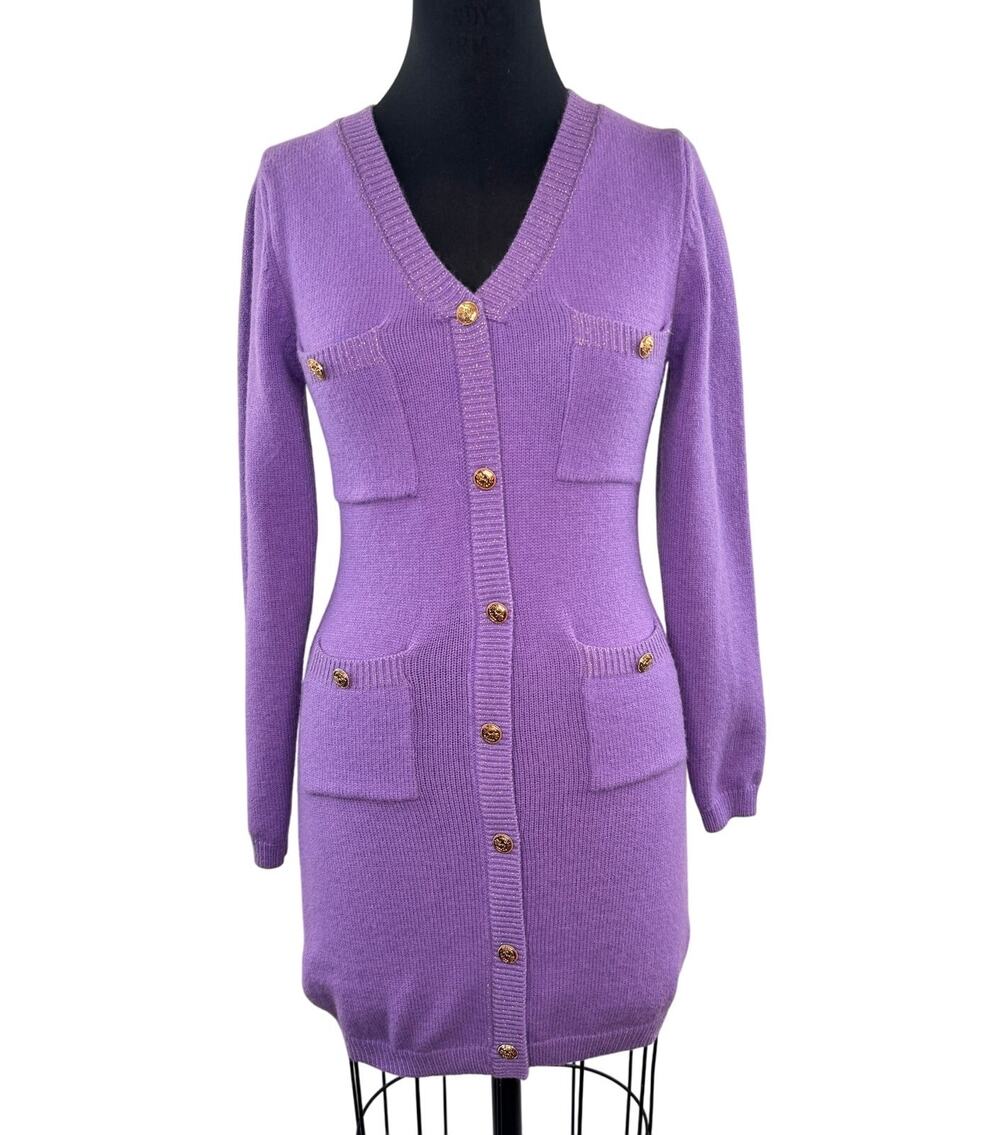 Cider Purple Metallic Cardigan Sweater Dress Knit V-Neck Button-Up Size Medium M